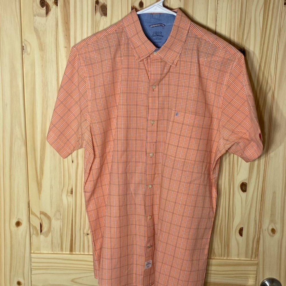 Izod Saltwater Relaxed Classics Plaid Shirt Men's Size L Orange White Blue